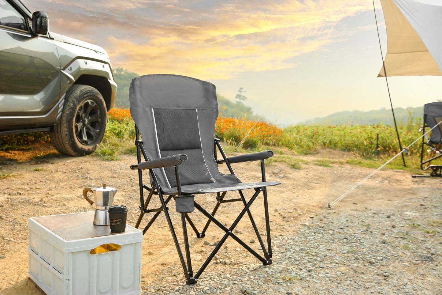 High Back Heavy Duty Lawn Chair Support 250LBS, Portable Collapsible Chair with Cup Holder -Grey - 1st Choice Furniture Direct