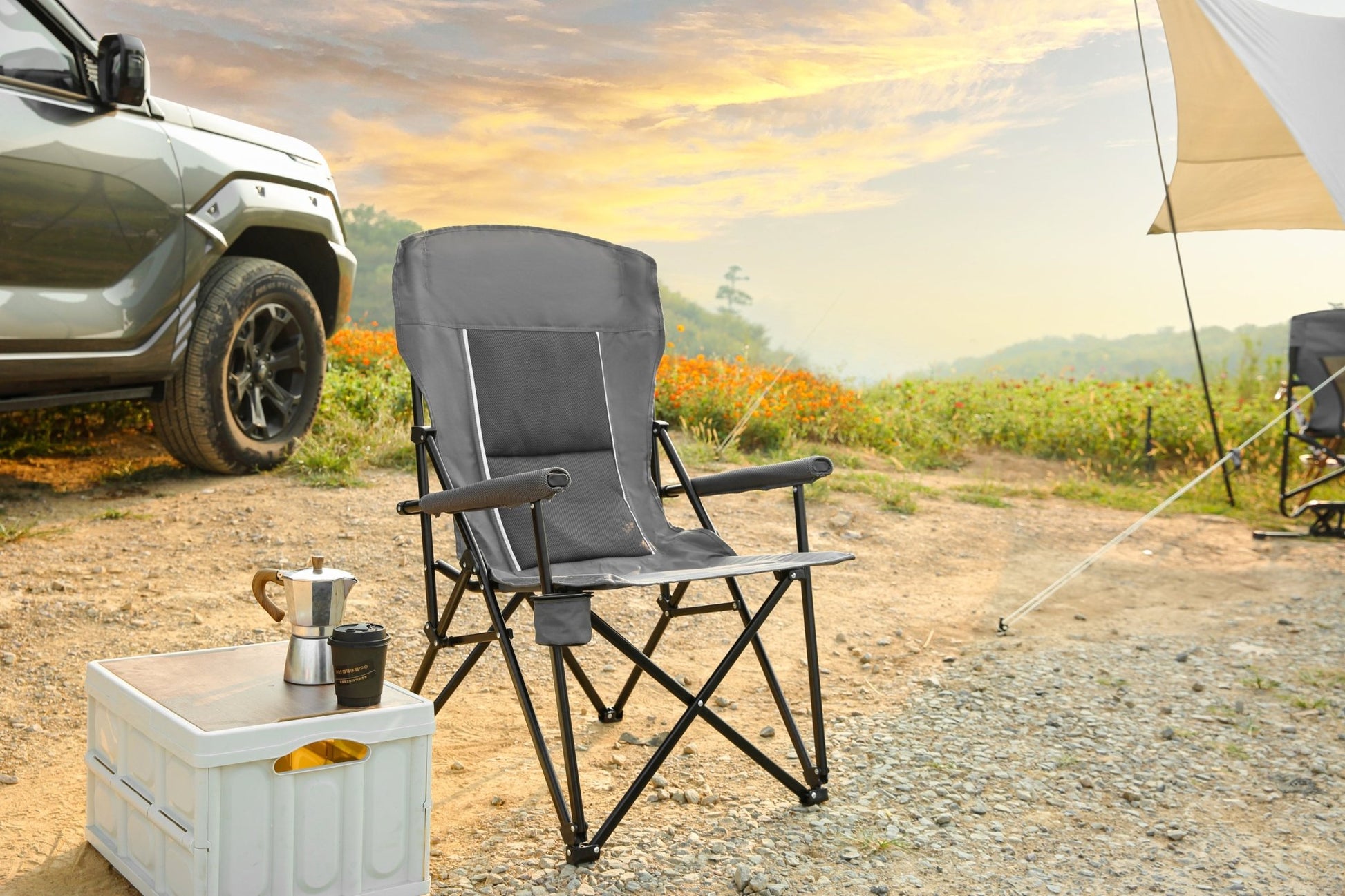 High Back Heavy Duty Lawn Chair Support 250LBS, Portable Collapsible Chair with Cup Holder - Grey - 1st Choice Furniture Direct