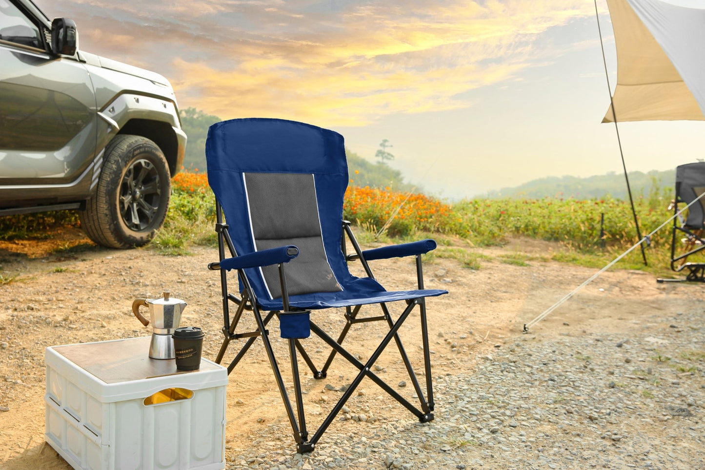 High Back Heavy Duty Lawn Chair Support 250LBS, Portable Collapsible Chair with Cup Holder - Navy blue - 1st Choice Furniture Direct