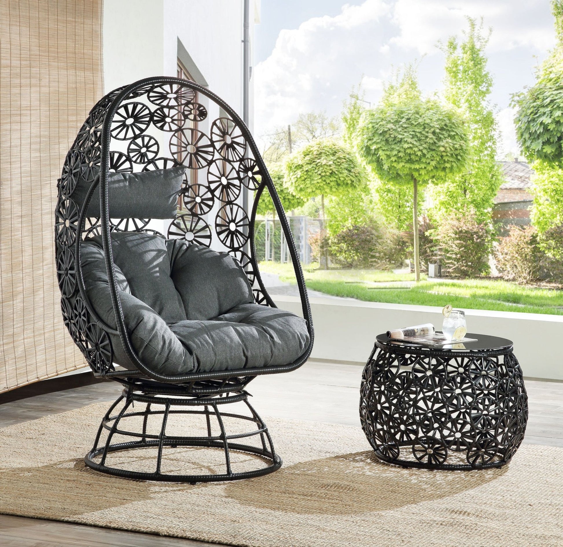 Hikre Clear Glass, Charcoal Fabric & Black Wicker Patio Lounge Chair & Side Table - 1st Choice Furniture Direct