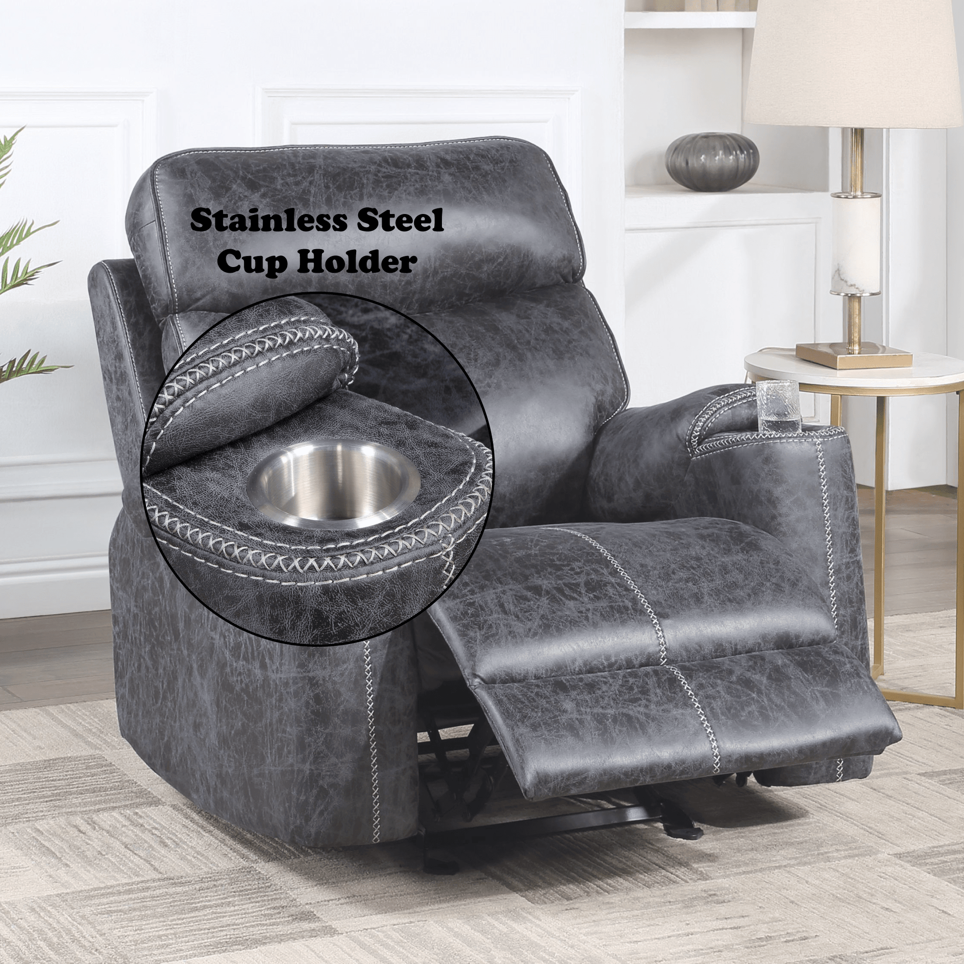 Hirah Dark Gray Microfiber Manual Recliner Chair with Cupholder Function - 1st Choice Furniture Direct