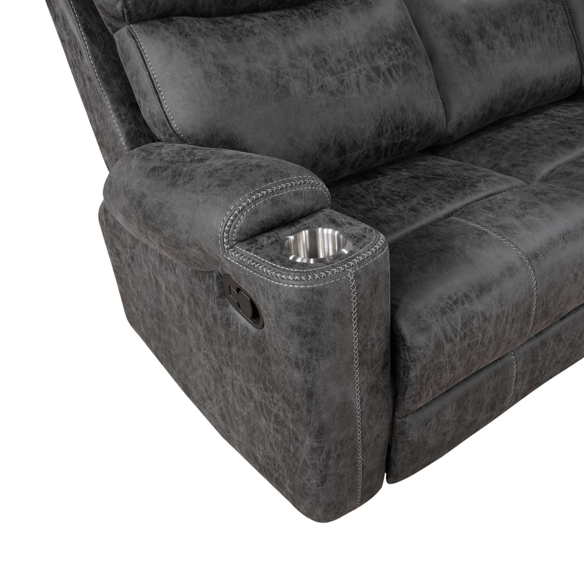 Hirah Dark Gray Microfiber Manual Recliner Sofa with Cupholder Function - 1st Choice Furniture Direct