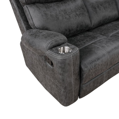 Hirah Dark Gray Microfiber Manual Recliner Sofa with Cupholder Function - 1st Choice Furniture Direct
