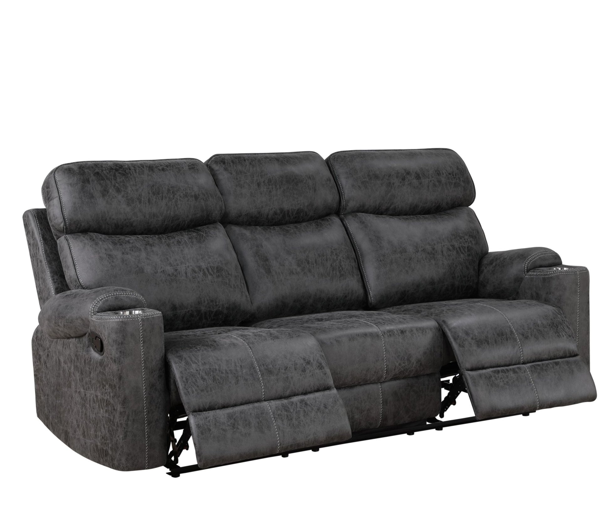Hirah Dark Gray Microfiber Manual Recliner Sofa with Cupholder Function - 1st Choice Furniture Direct