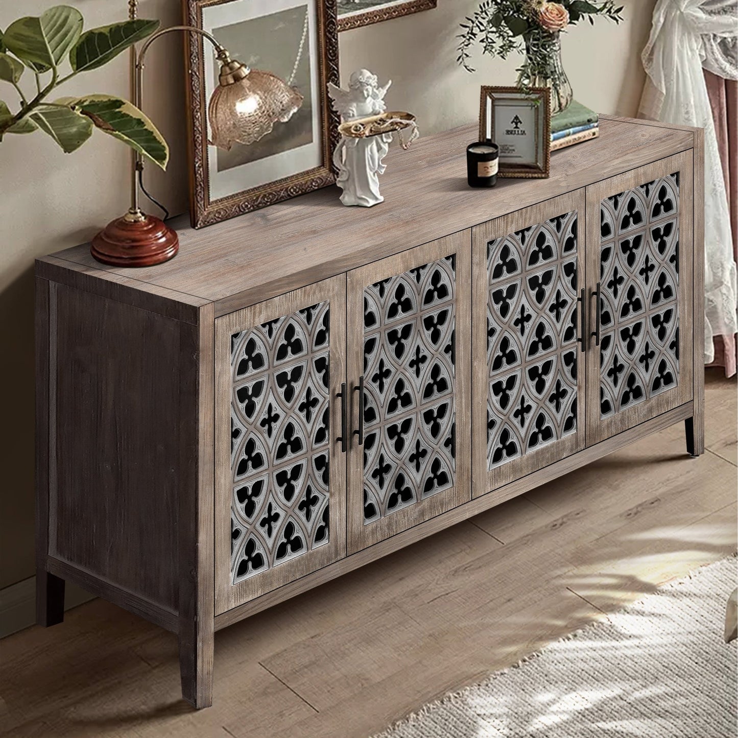 Hollow Four Door Antique Cabinet, American Country Style, Suitable for Living Room, TV Cabinet, Kitchen (Brown) - 1st Choice Furniture Direct