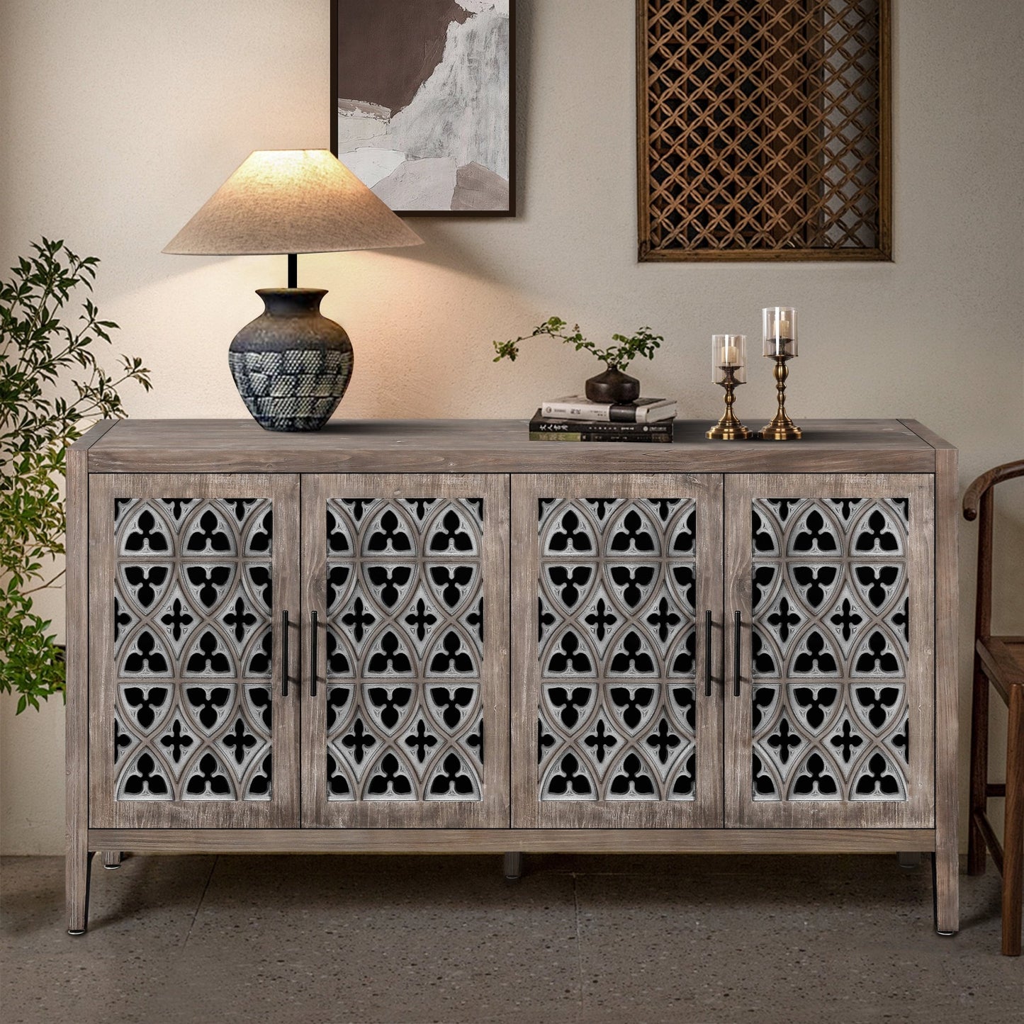 Hollow Four Door Antique Cabinet, American Country Style, Suitable for Living Room, TV Cabinet, Kitchen (Brown) - 1st Choice Furniture Direct