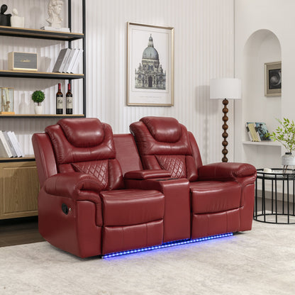 Home Theater Manual Recliner Loveseat with Storage, Cup Holders, LED, Wine Red Faux Leather, 73.2'' - 1st Choice Furniture Direct