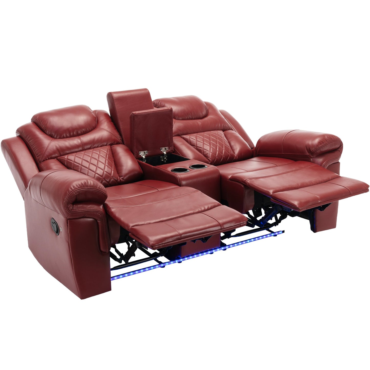Home Theater Manual Recliner Loveseat with Storage, Cup Holders, LED, Wine Red Faux Leather, 73.2'' - 1st Choice Furniture Direct