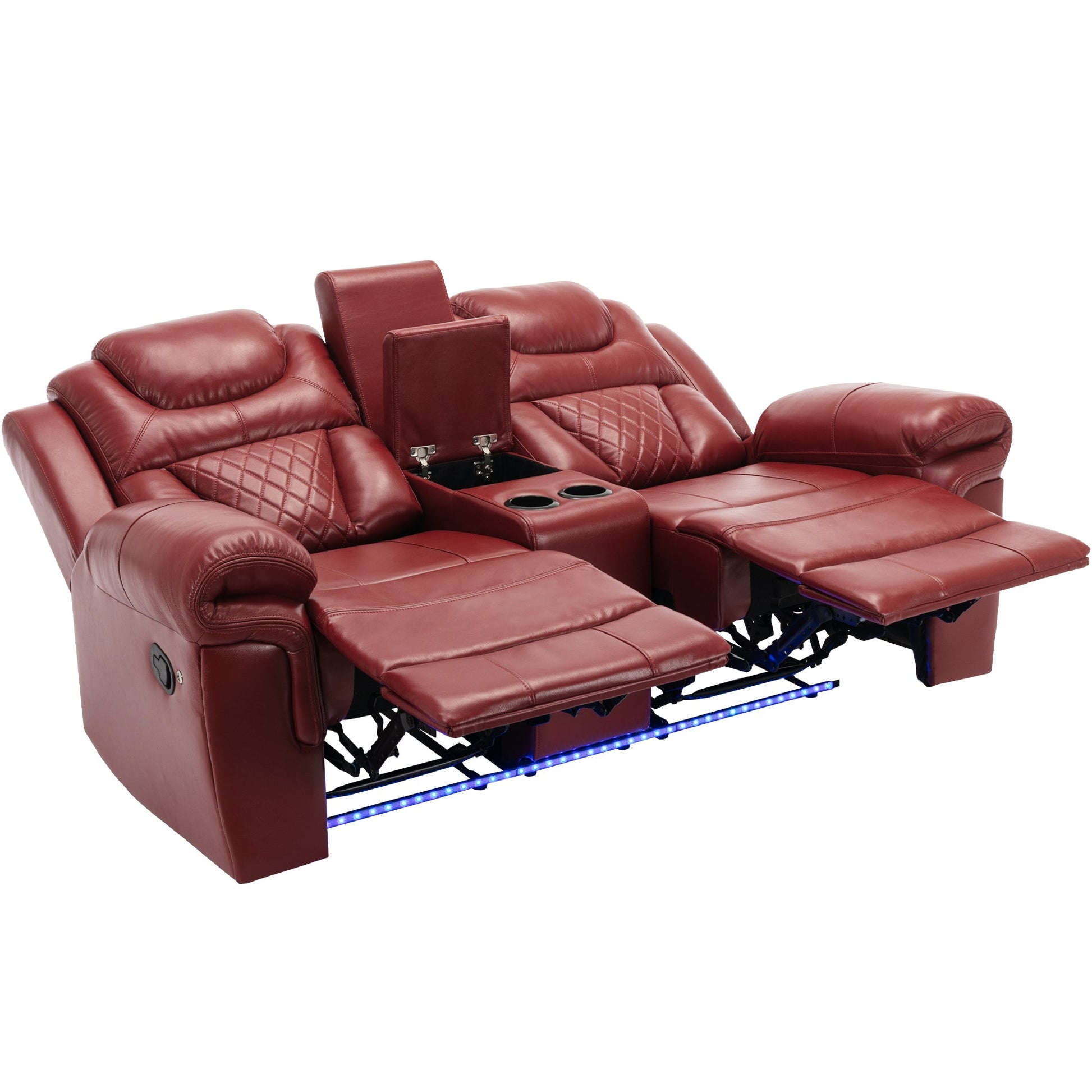 Home Theater Manual Recliner Loveseat with Storage, Cup Holders, LED, Wine Red Faux Leather, 73.2'' - 1st Choice Furniture Direct