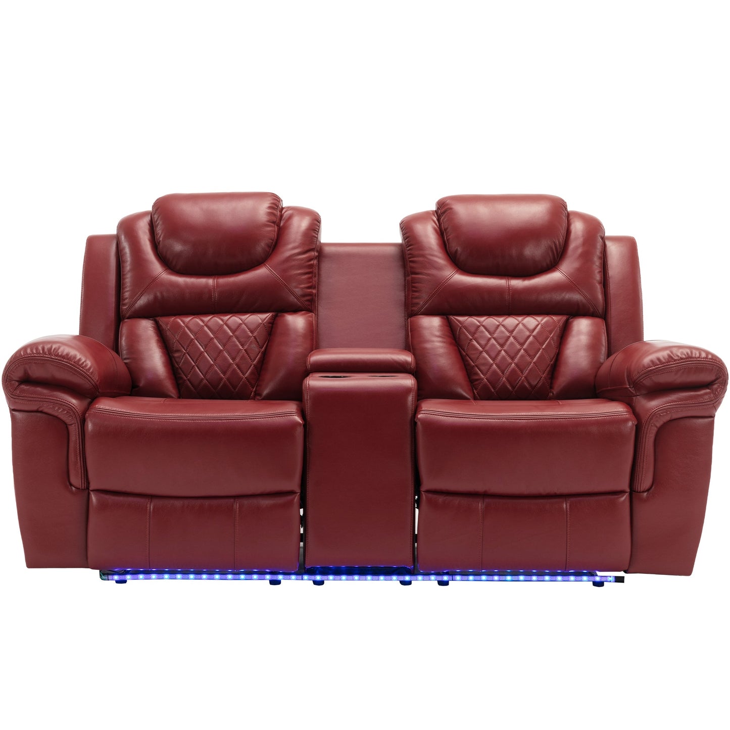 Home Theater Manual Recliner Loveseat with Storage, Cup Holders, LED, Wine Red Faux Leather, 73.2'' - 1st Choice Furniture Direct