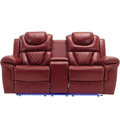 Home Theater Manual Recliner Loveseat with Storage, Cup Holders, LED, Wine Red Faux Leather, 73.2'' - 1st Choice Furniture Direct