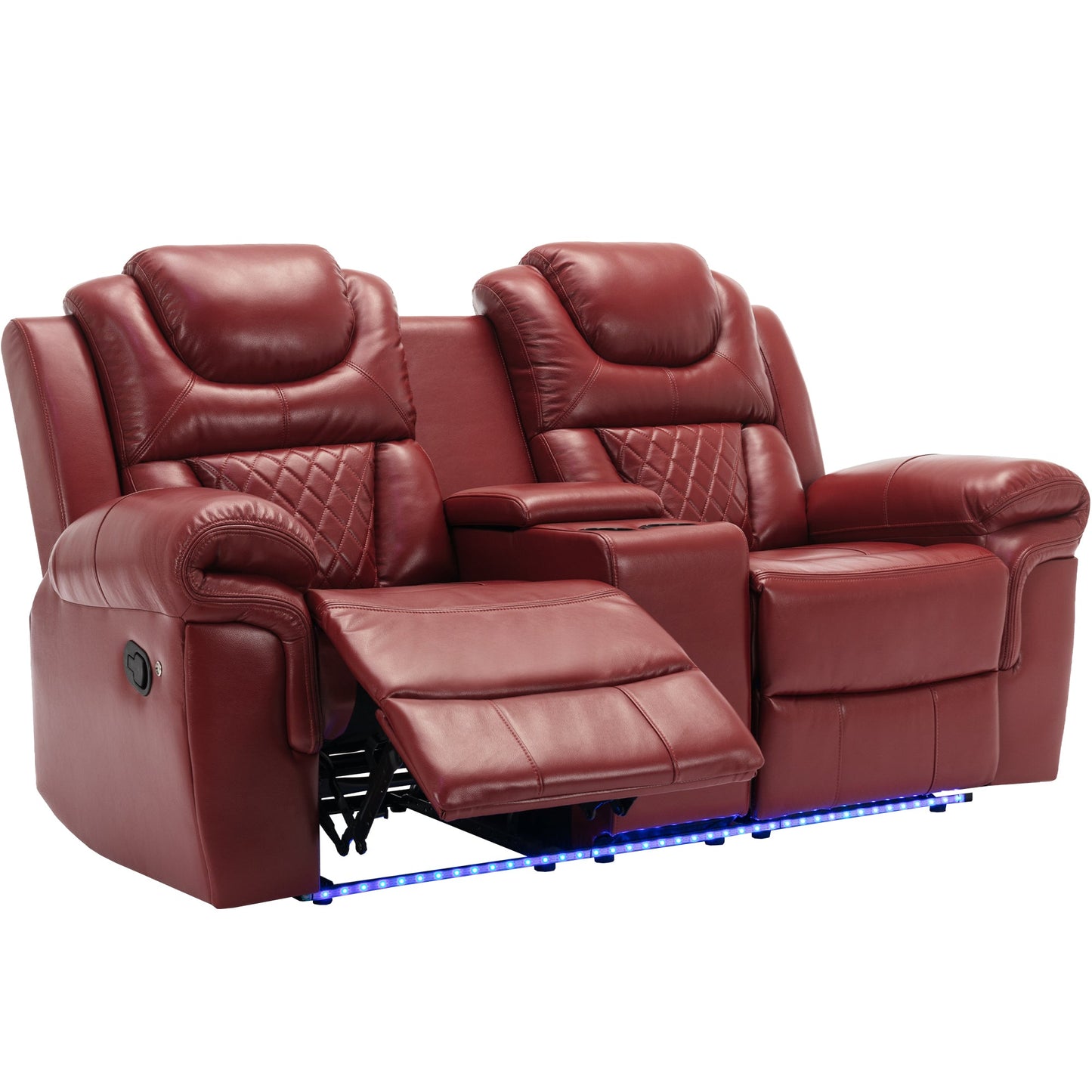 Home Theater Manual Recliner Loveseat with Storage, Cup Holders, LED, Wine Red Faux Leather, 73.2'' - 1st Choice Furniture Direct