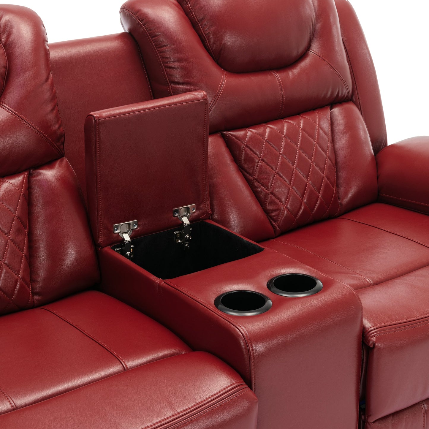 Home Theater Manual Recliner Loveseat with Storage, Cup Holders, LED, Wine Red Faux Leather, 73.2'' - 1st Choice Furniture Direct