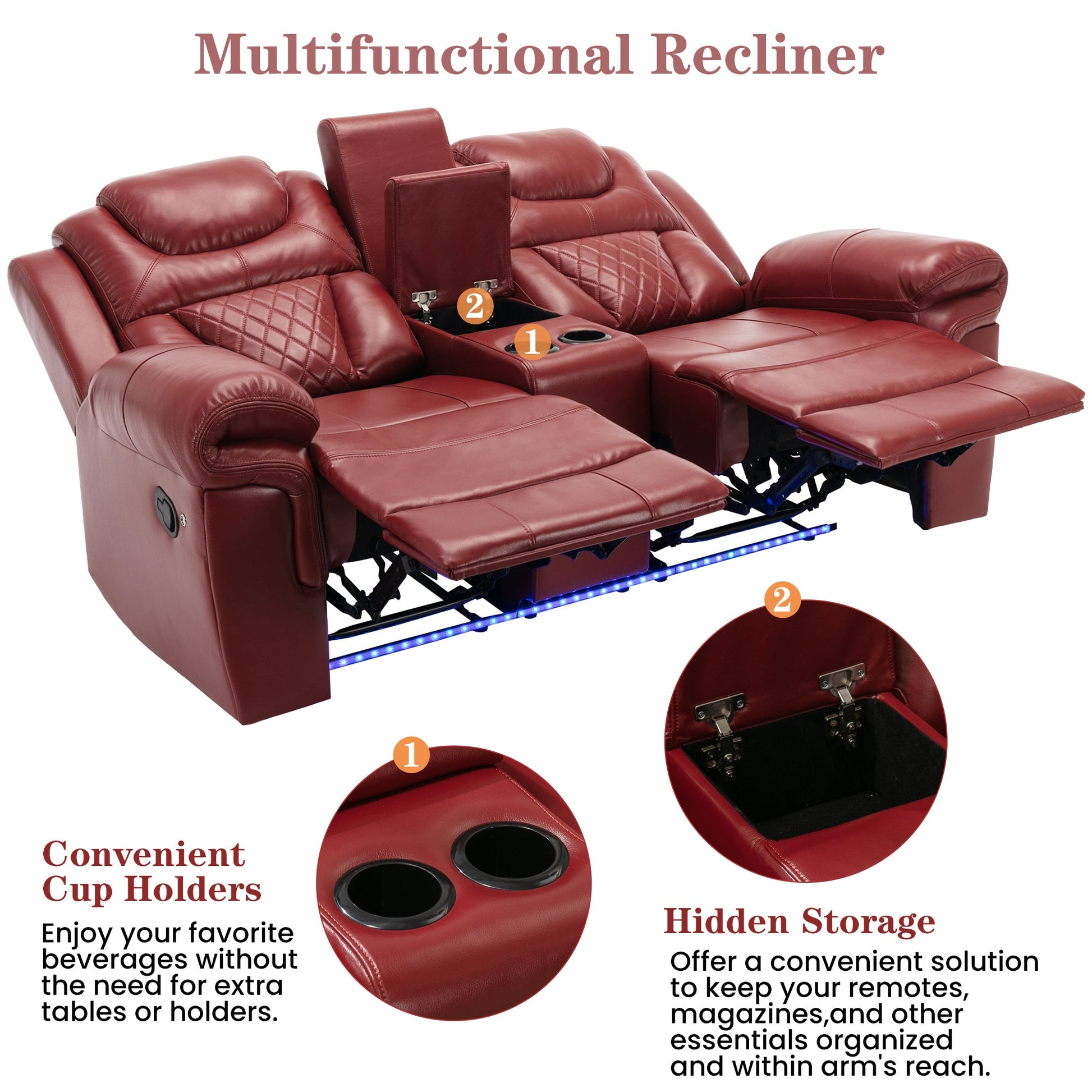 Home Theater Manual Recliner Loveseat with Storage, Cup Holders, LED, Wine Red Faux Leather, 73.2'' - 1st Choice Furniture Direct