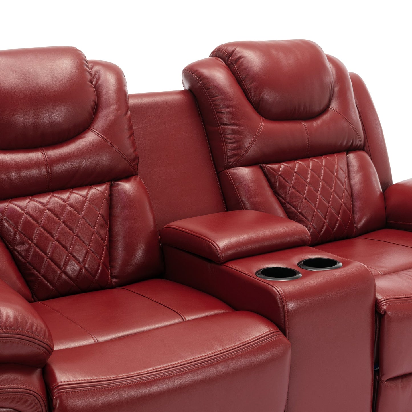 Home Theater Manual Recliner Loveseat with Storage, Cup Holders, LED, Wine Red Faux Leather, 73.2'' - 1st Choice Furniture Direct