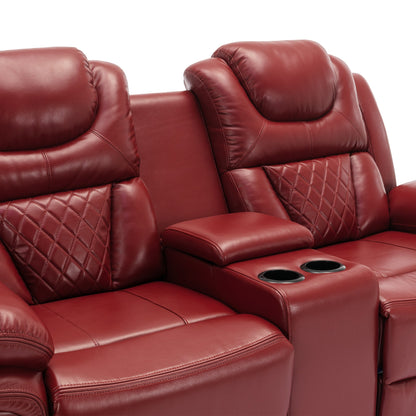 Home Theater Manual Recliner Loveseat with Storage, Cup Holders, LED, Wine Red Faux Leather, 73.2'' - 1st Choice Furniture Direct