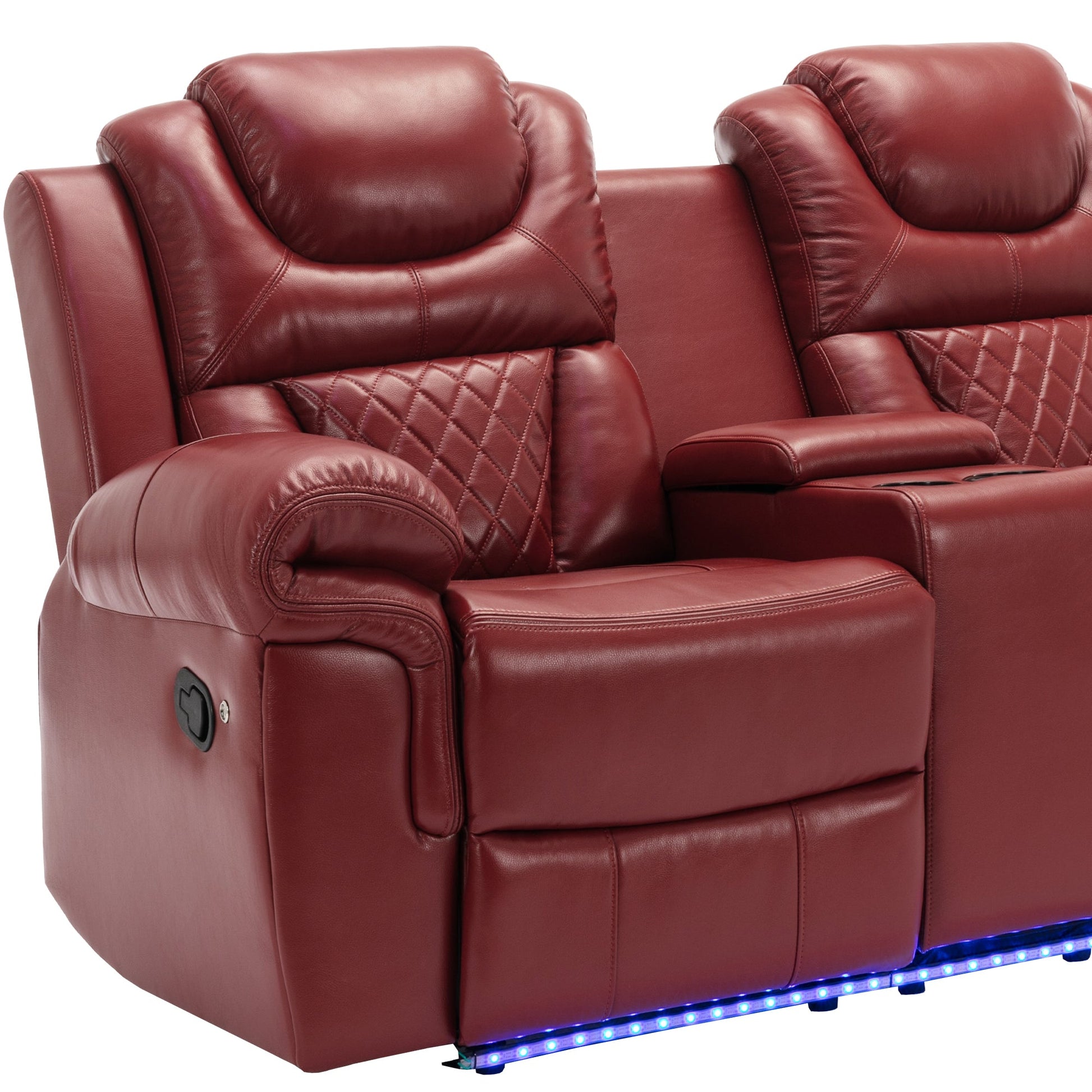 Home Theater Manual Recliner Loveseat with Storage, Cup Holders, LED, Wine Red Faux Leather, 73.2'' - 1st Choice Furniture Direct