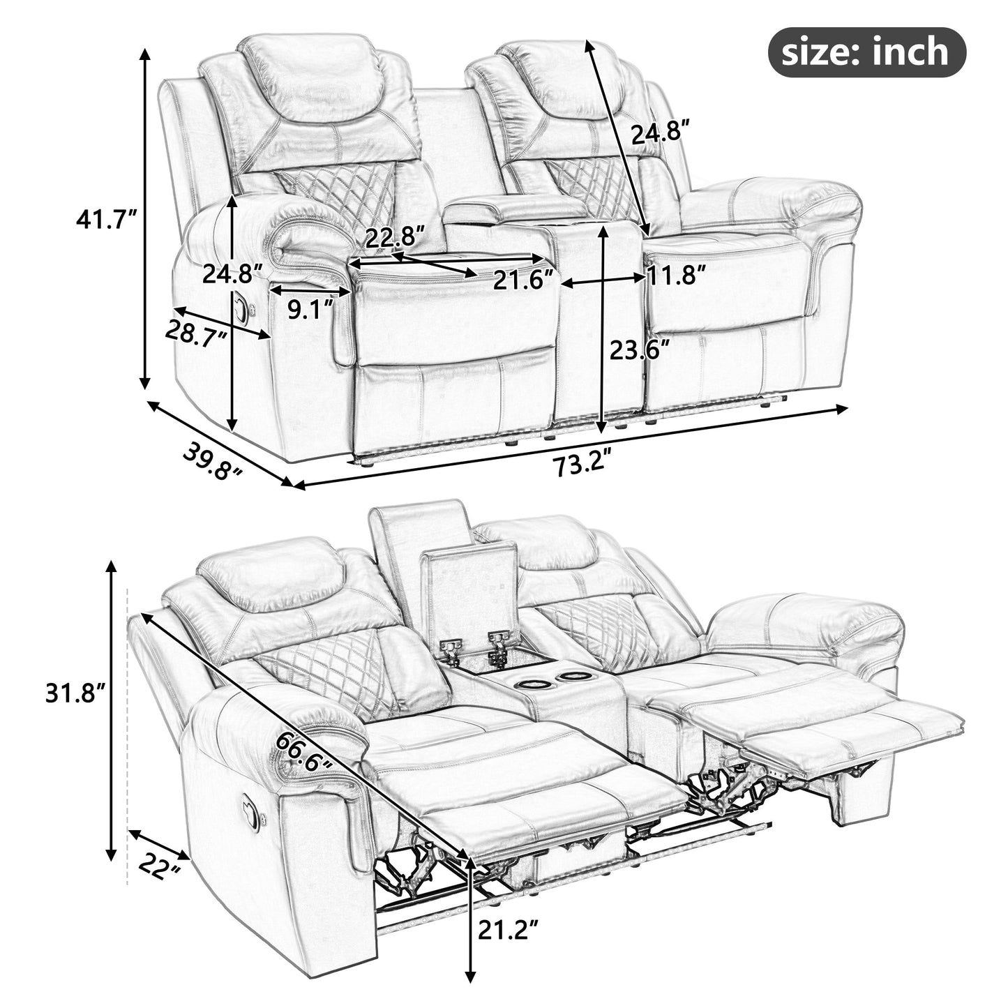 Home Theater Manual Recliner Loveseat with Storage, Cup Holders, LED, Wine Red Faux Leather, 73.2'' - 1st Choice Furniture Direct