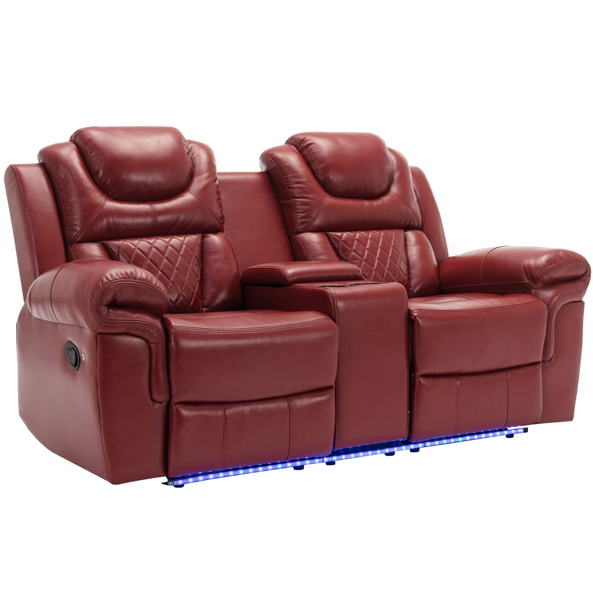 Home Theater Manual Recliner Loveseat with Storage, Cup Holders, LED, Wine Red Faux Leather, 73.2'' - 1st Choice Furniture Direct