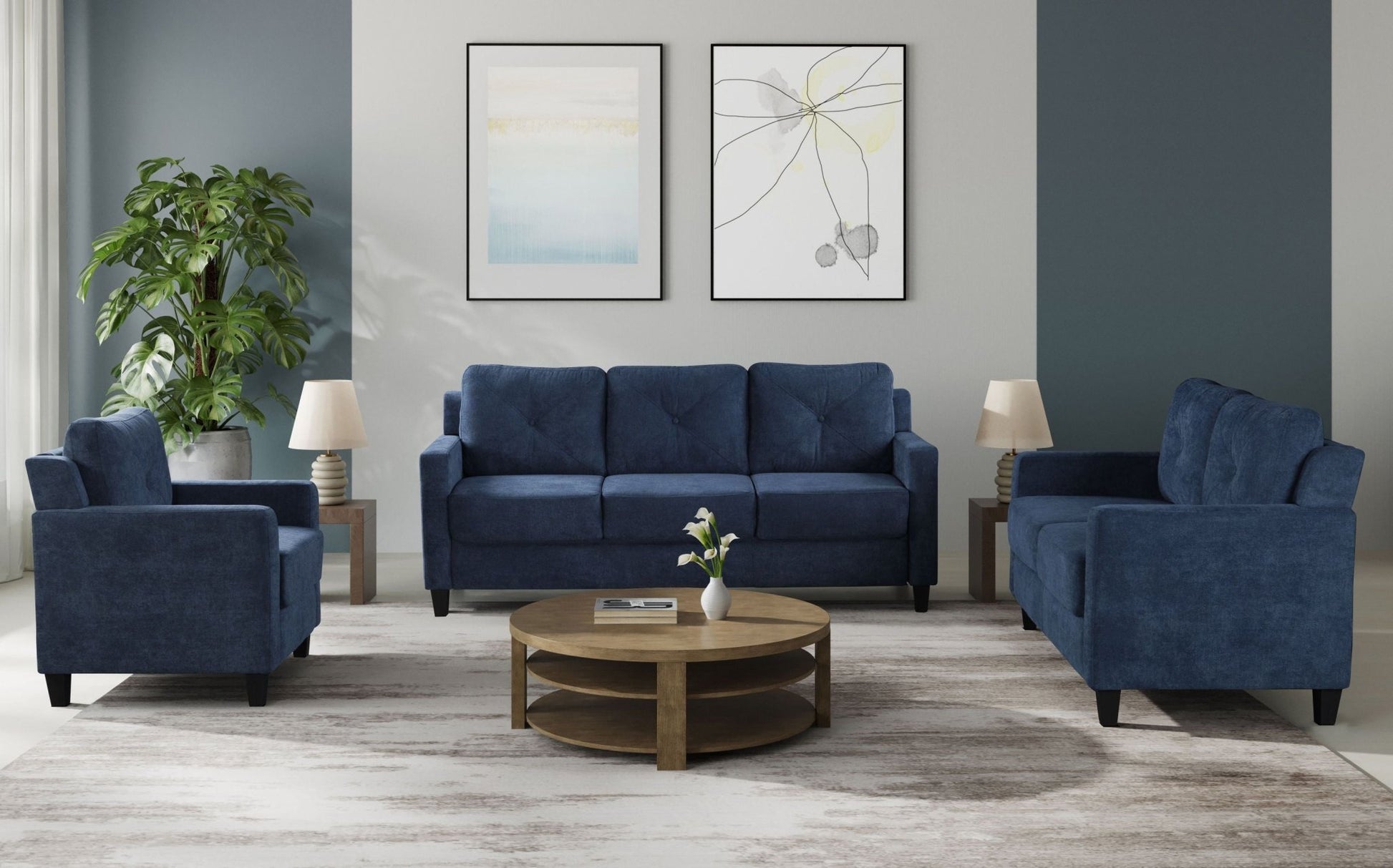 Horatio Navy Chenille 3PCS Living Room Set - 1st Choice Furniture Direct