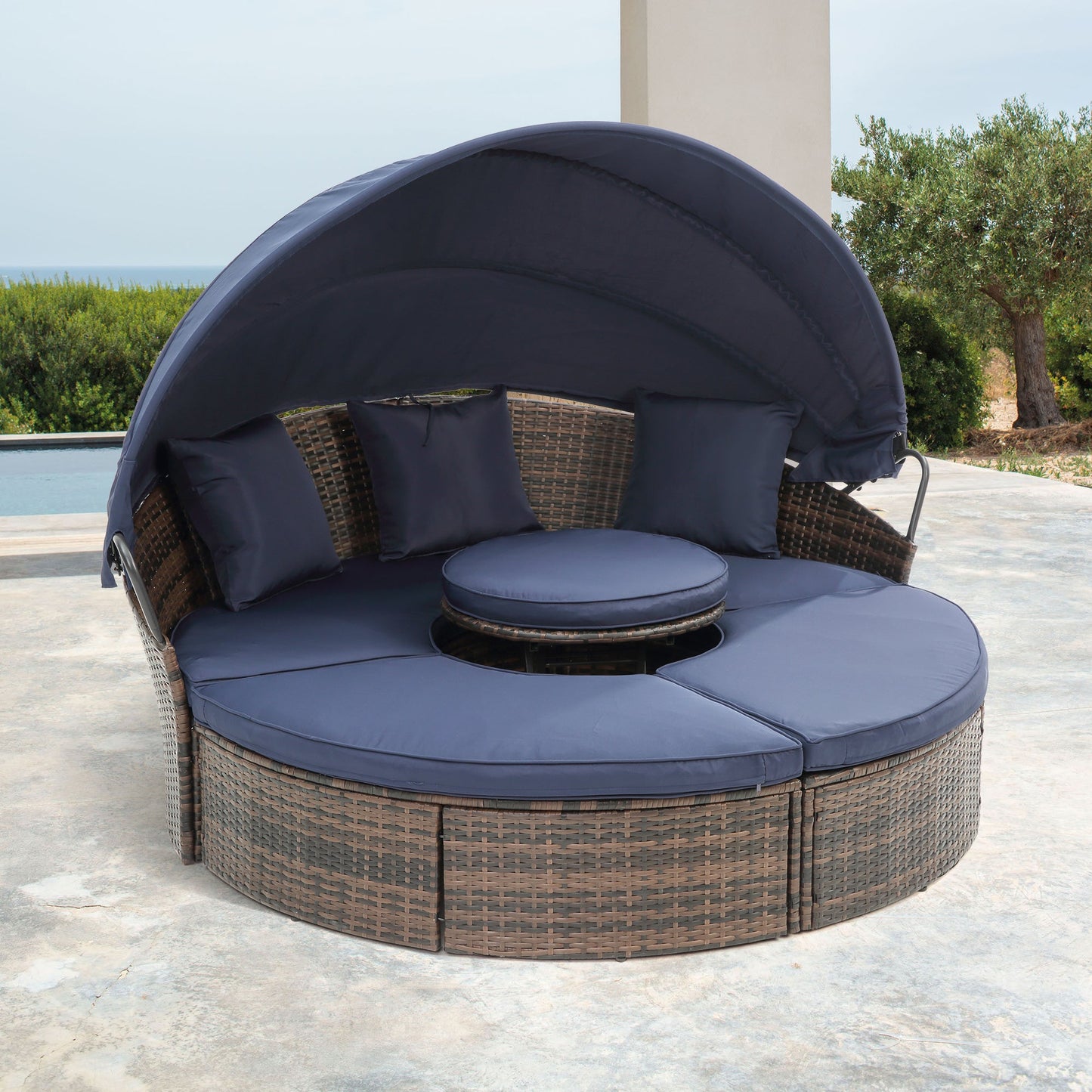 Hot Sale KD Rattan Round Lounge With Canopy Bali Canopy Bed Outdoor, Wicker Outdoor Sofa Bed with lift coffee table - 1st Choice Furniture Direct