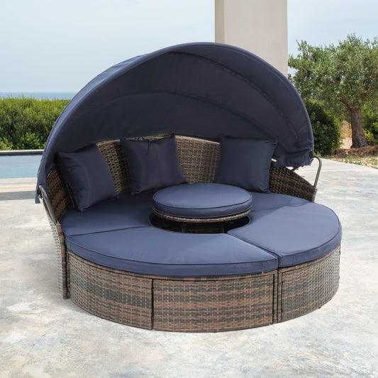 Hot Sale KD Rattan Round Lounge With Canopy Bali Canopy Bed Outdoor, Wicker Outdoor Sofa Bed with lift coffee table - 1st Choice Furniture Direct