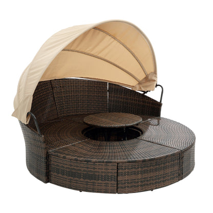 Hot Sale KD Rattan Round Lounge With Canopy Bali Canopy Bed Outdoor, Wicker Outdoor Sofa Bed with lift coffee table - 1st Choice Furniture Direct