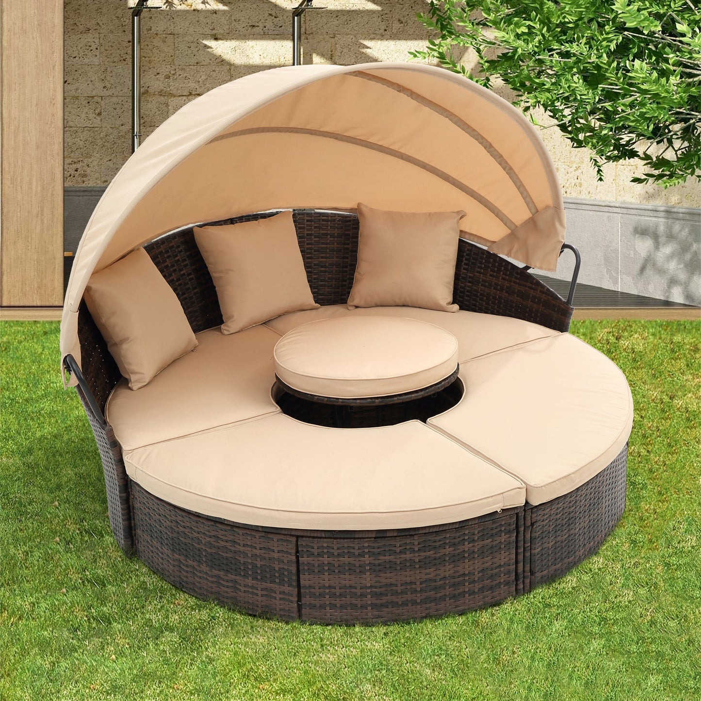 Hot Sale KD Rattan Round Lounge With Canopy Bali Canopy Bed Outdoor, Wicker Outdoor Sofa Bed with lift coffee table - 1st Choice Furniture Direct
