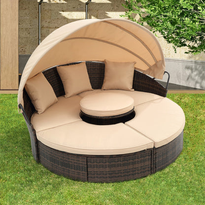 Hot Sale KD Rattan Round Lounge With Canopy Bali Canopy Bed Outdoor, Wicker Outdoor Sofa Bed with lift coffee table - 1st Choice Furniture Direct