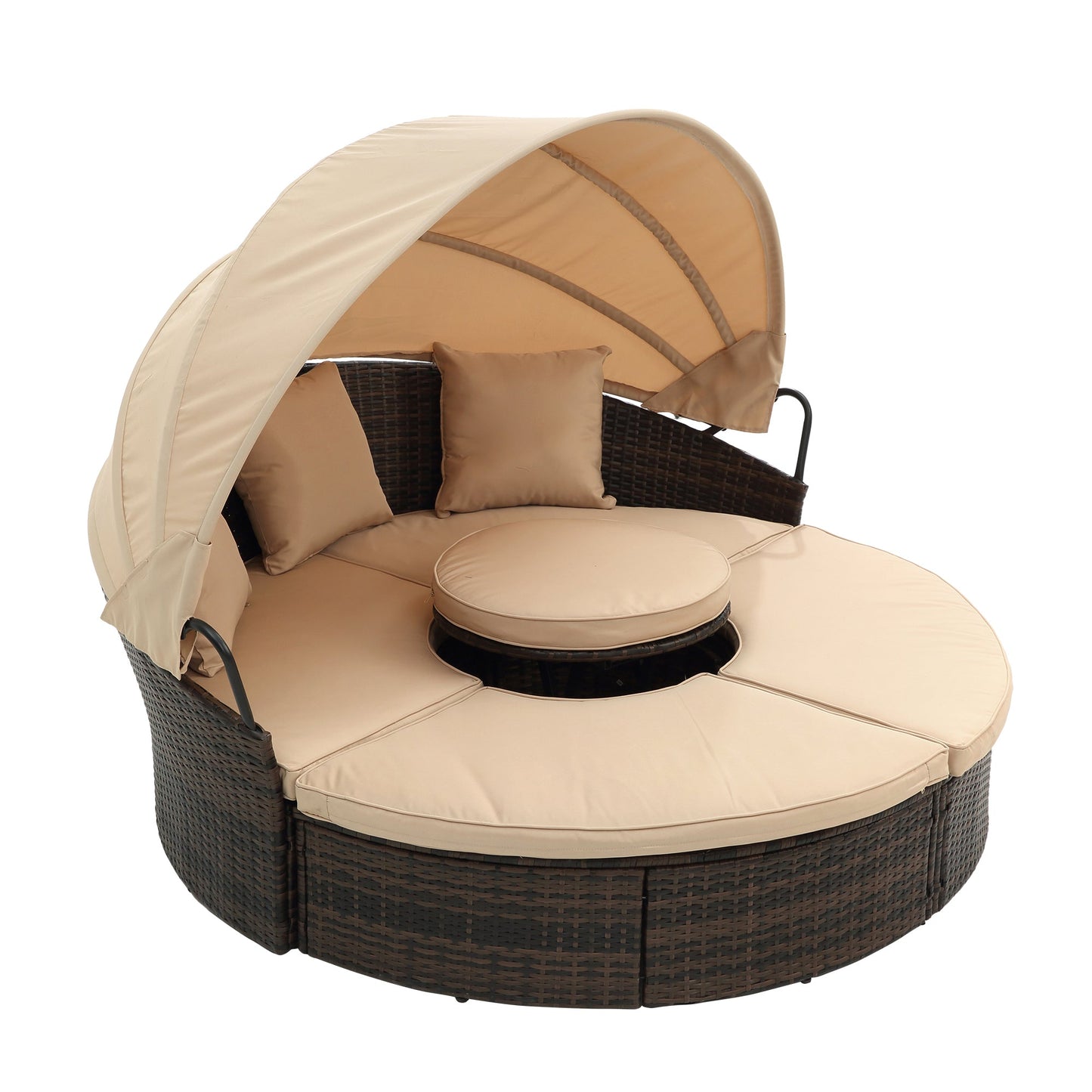 Hot Sale KD Rattan Round Lounge With Canopy Bali Canopy Bed Outdoor, Wicker Outdoor Sofa Bed with lift coffee table - 1st Choice Furniture Direct