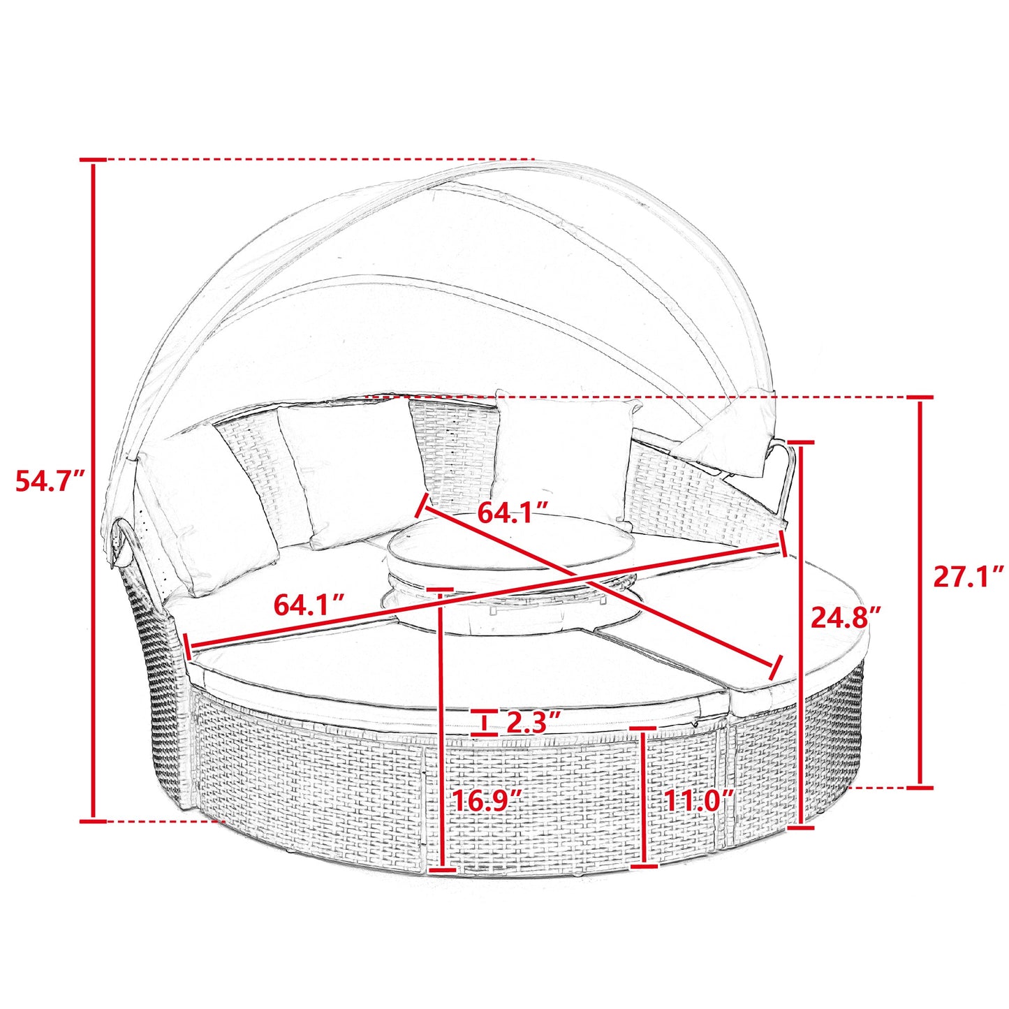 Hot Sale KD Rattan Round Lounge With Canopy Bali Canopy Bed Outdoor, Wicker Outdoor Sofa Bed with lift coffee table - 1st Choice Furniture Direct