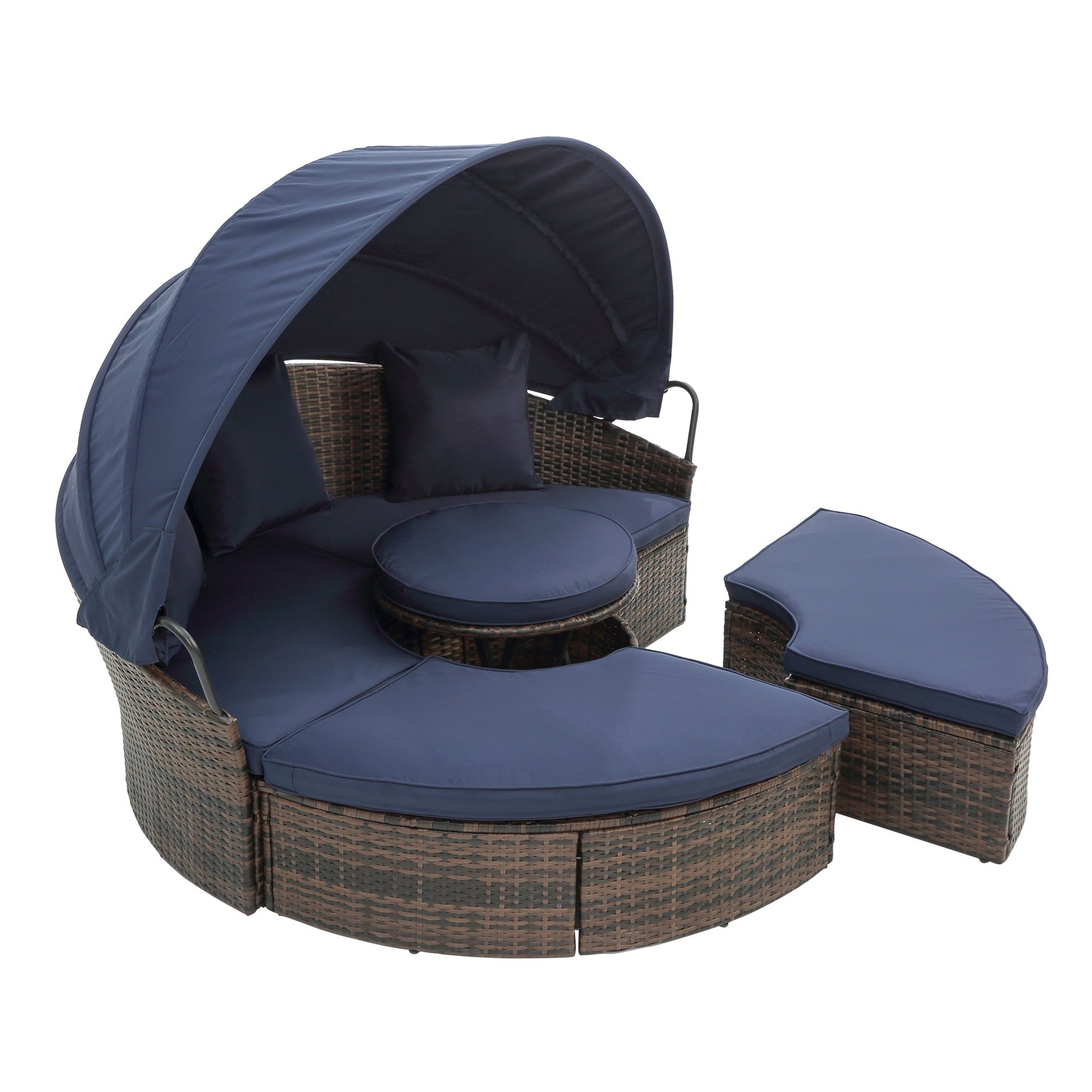 Hot Sale KD Rattan Round Lounge With Canopy Bali Canopy Bed Outdoor, Wicker Outdoor Sofa Bed with lift coffee table - 1st Choice Furniture Direct