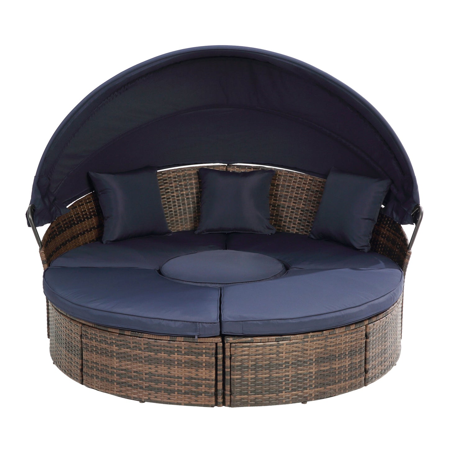 Hot Sale KD Rattan Round Lounge With Canopy Bali Canopy Bed Outdoor, Wicker Outdoor Sofa Bed with lift coffee table - 1st Choice Furniture Direct