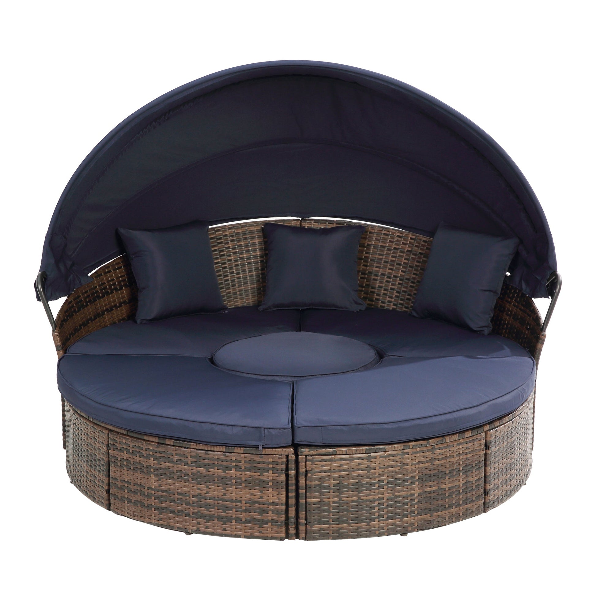 Hot Sale KD Rattan Round Lounge With Canopy Bali Canopy Bed Outdoor, Wicker Outdoor Sofa Bed with lift coffee table - 1st Choice Furniture Direct