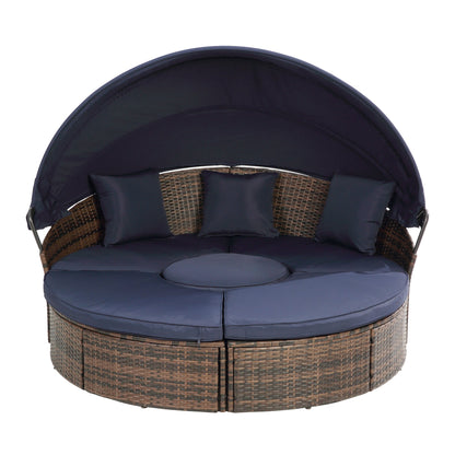 Hot Sale KD Rattan Round Lounge With Canopy Bali Canopy Bed Outdoor, Wicker Outdoor Sofa Bed with lift coffee table - 1st Choice Furniture Direct
