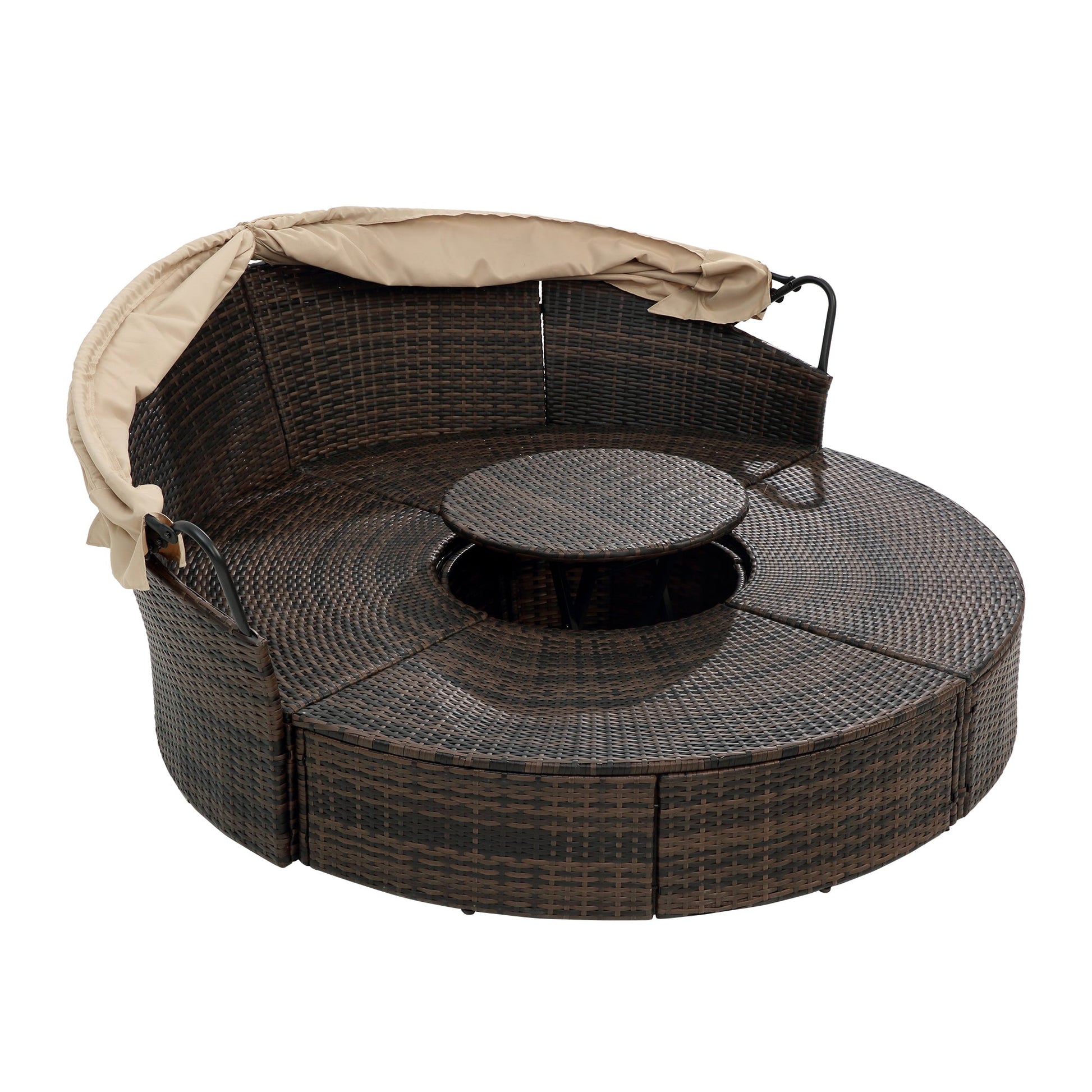 Hot Sale KD Rattan Round Lounge With Canopy Bali Canopy Bed Outdoor, Wicker Outdoor Sofa Bed with lift coffee table - 1st Choice Furniture Direct