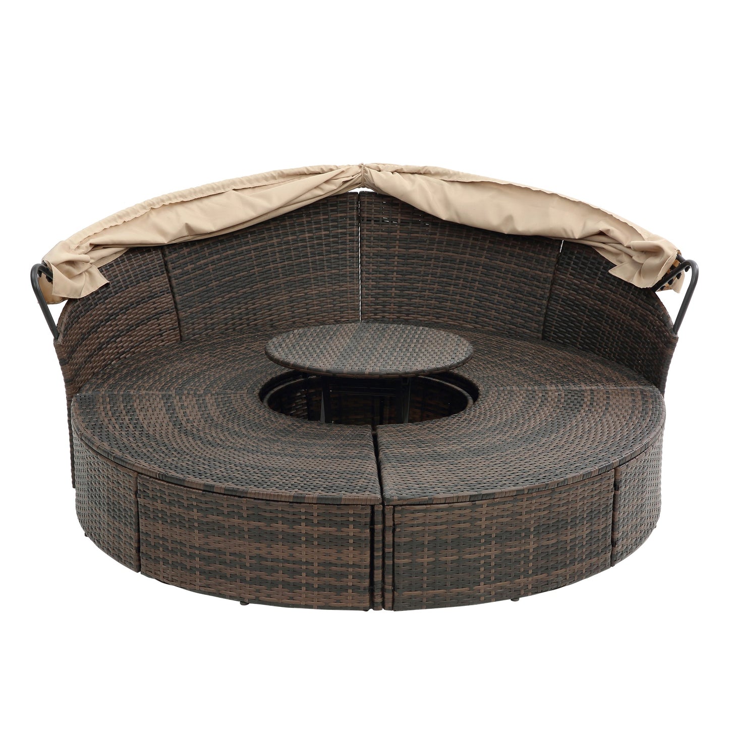 Hot Sale KD Rattan Round Lounge With Canopy Bali Canopy Bed Outdoor, Wicker Outdoor Sofa Bed with lift coffee table - 1st Choice Furniture Direct