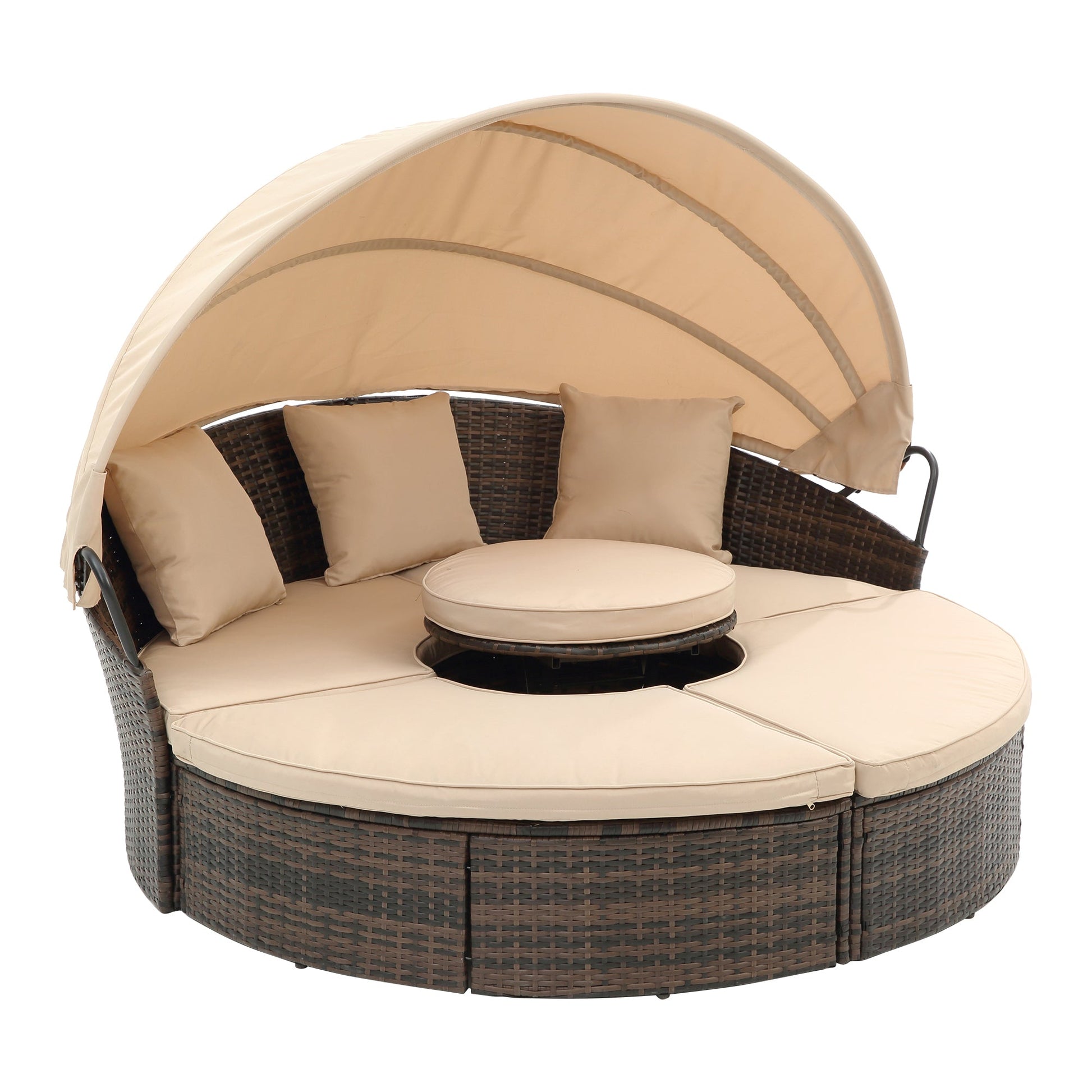 Hot Sale KD Rattan Round Lounge With Canopy Bali Canopy Bed Outdoor, Wicker Outdoor Sofa Bed with lift coffee table - 1st Choice Furniture Direct
