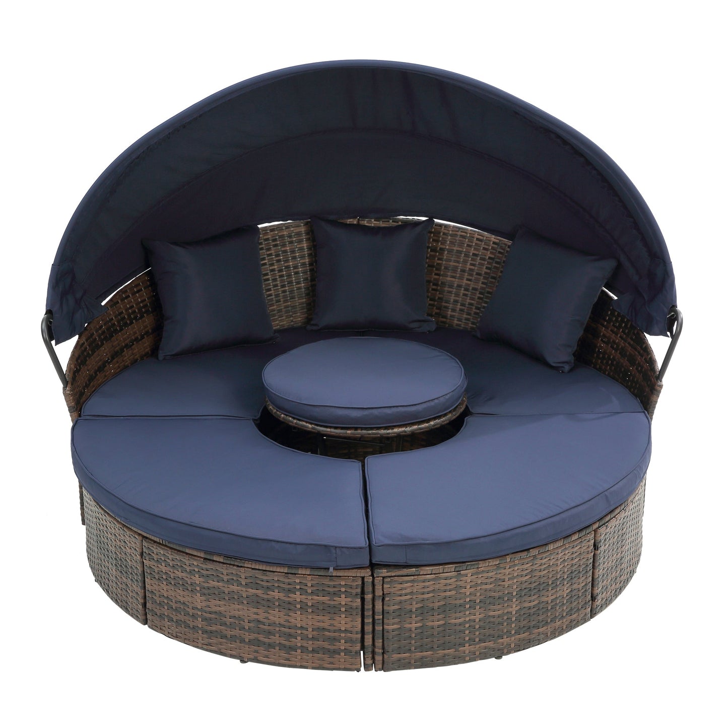 Hot Sale KD Rattan Round Lounge With Canopy Bali Canopy Bed Outdoor, Wicker Outdoor Sofa Bed with lift coffee table - 1st Choice Furniture Direct