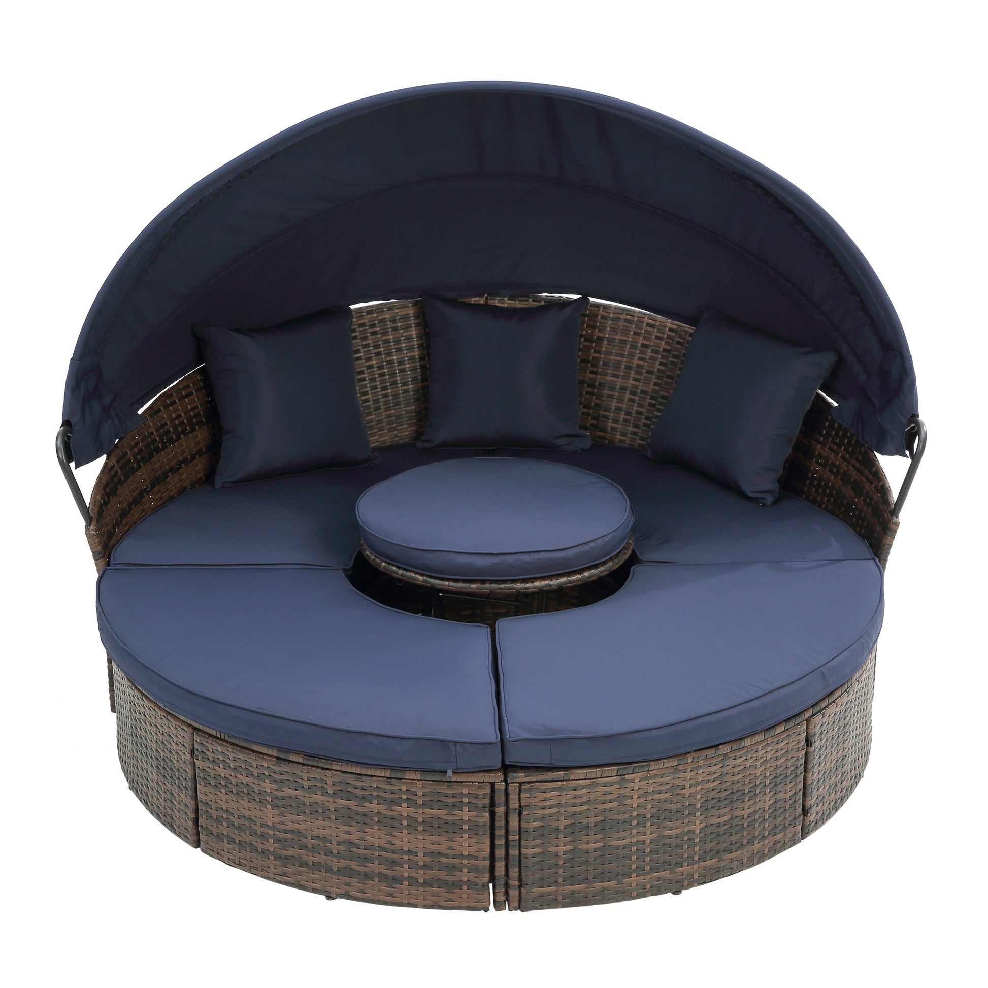 Hot Sale KD Rattan Round Lounge With Canopy Bali Canopy Bed Outdoor, Wicker Outdoor Sofa Bed with lift coffee table - 1st Choice Furniture Direct