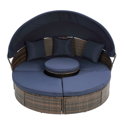 Hot Sale KD Rattan Round Lounge With Canopy Bali Canopy Bed Outdoor, Wicker Outdoor Sofa Bed with lift coffee table - 1st Choice Furniture Direct