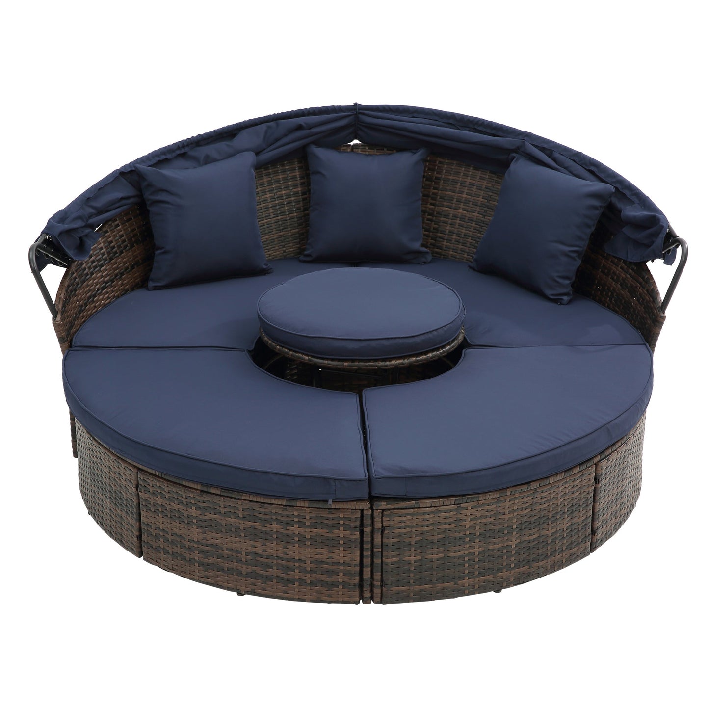 Hot Sale KD Rattan Round Lounge With Canopy Bali Canopy Bed Outdoor, Wicker Outdoor Sofa Bed with lift coffee table - 1st Choice Furniture Direct
