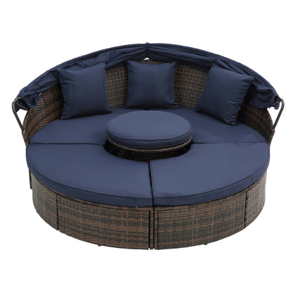Hot Sale KD Rattan Round Lounge With Canopy Bali Canopy Bed Outdoor, Wicker Outdoor Sofa Bed with lift coffee table - 1st Choice Furniture Direct