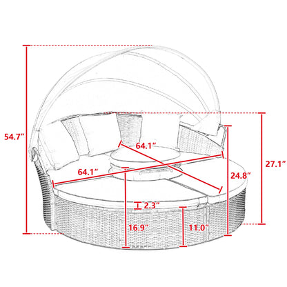 Hot Sale KD Rattan Round Lounge With Canopy Bali Canopy Bed Outdoor, Wicker Outdoor Sofa Bed with lift coffee table - 1st Choice Furniture Direct