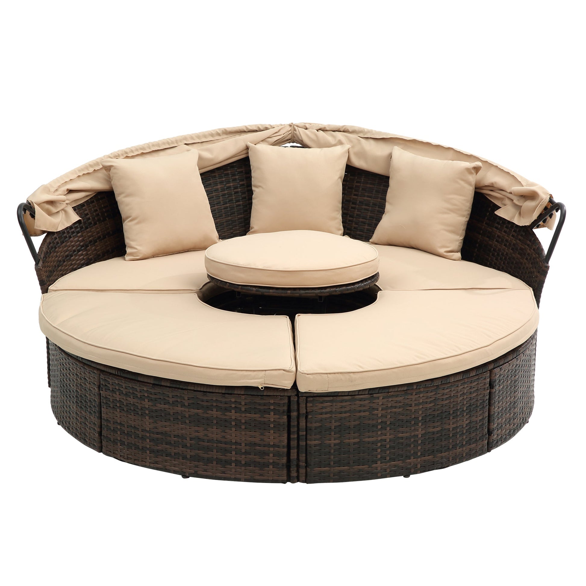 Hot Sale KD Rattan Round Lounge With Canopy Bali Canopy Bed Outdoor, Wicker Outdoor Sofa Bed with lift coffee table - 1st Choice Furniture Direct