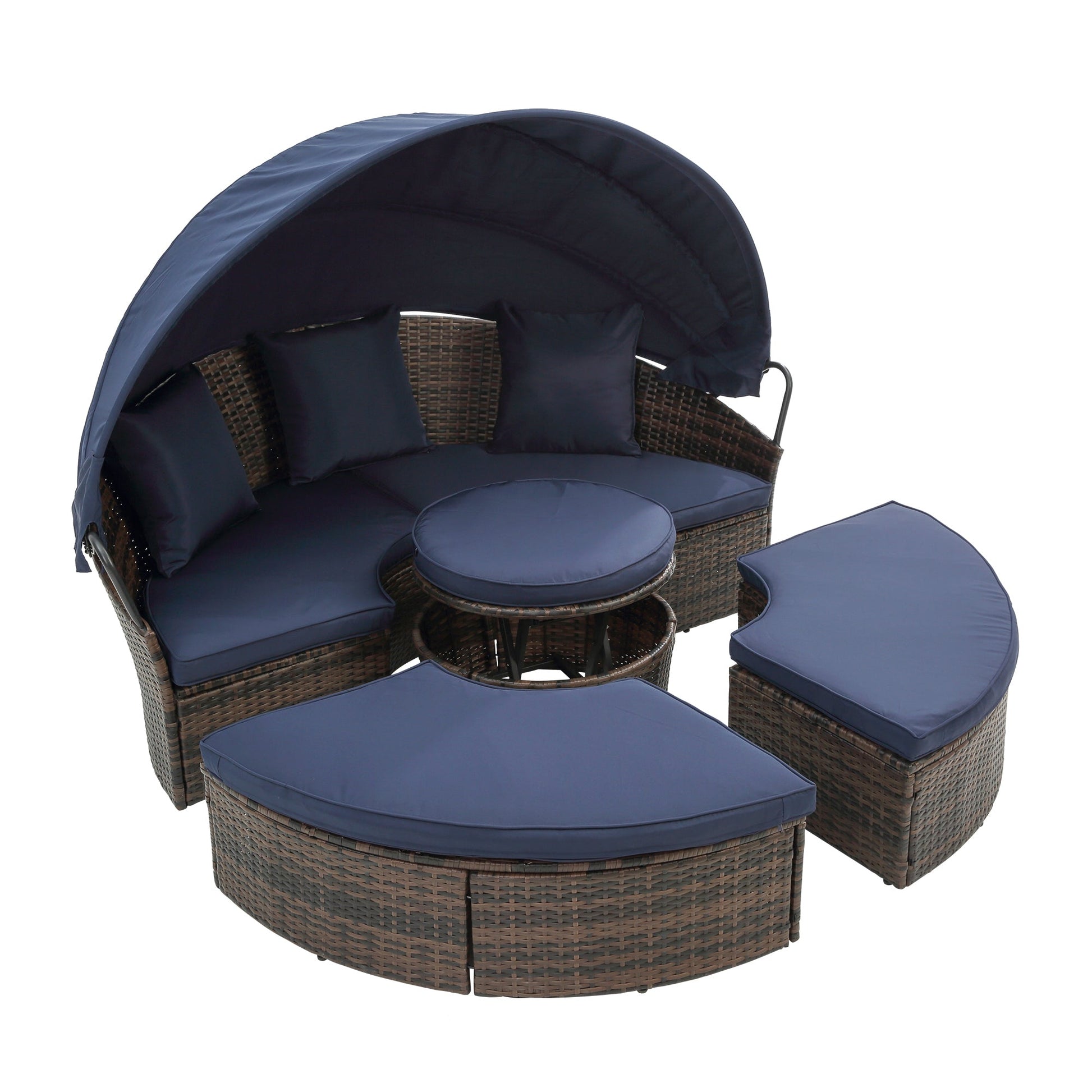 Hot Sale KD Rattan Round Lounge With Canopy Bali Canopy Bed Outdoor, Wicker Outdoor Sofa Bed with lift coffee table - 1st Choice Furniture Direct