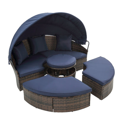 Hot Sale KD Rattan Round Lounge With Canopy Bali Canopy Bed Outdoor, Wicker Outdoor Sofa Bed with lift coffee table - 1st Choice Furniture Direct