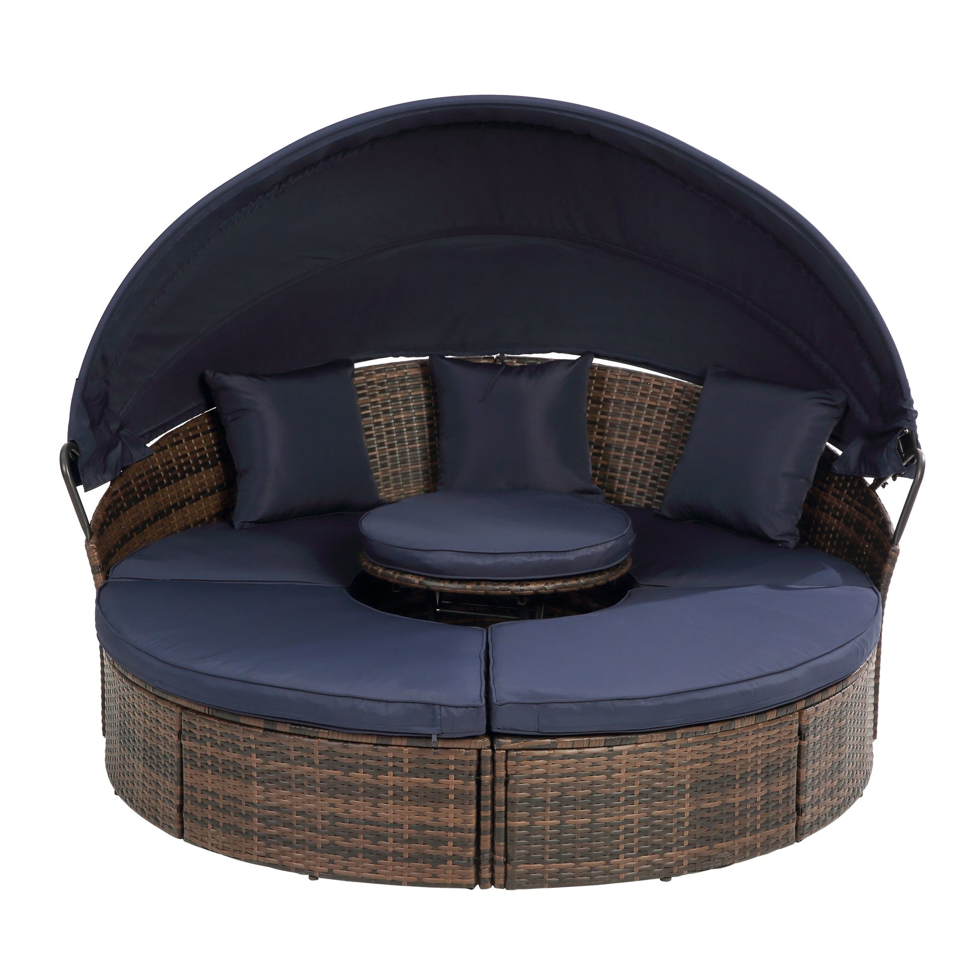 Hot Sale KD Rattan Round Lounge With Canopy Bali Canopy Bed Outdoor, Wicker Outdoor Sofa Bed with lift coffee table - 1st Choice Furniture Direct