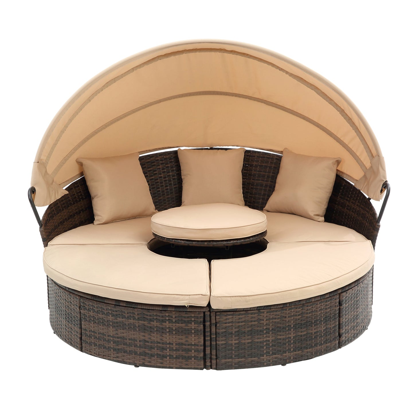 Hot Sale KD Rattan Round Lounge With Canopy Bali Canopy Bed Outdoor, Wicker Outdoor Sofa Bed with lift coffee table - 1st Choice Furniture Direct