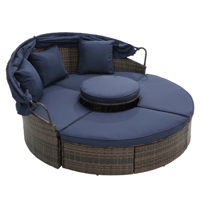 Hot Sale KD Rattan Round Lounge With Canopy Bali Canopy Bed Outdoor, Wicker Outdoor Sofa Bed with lift coffee table - 1st Choice Furniture Direct